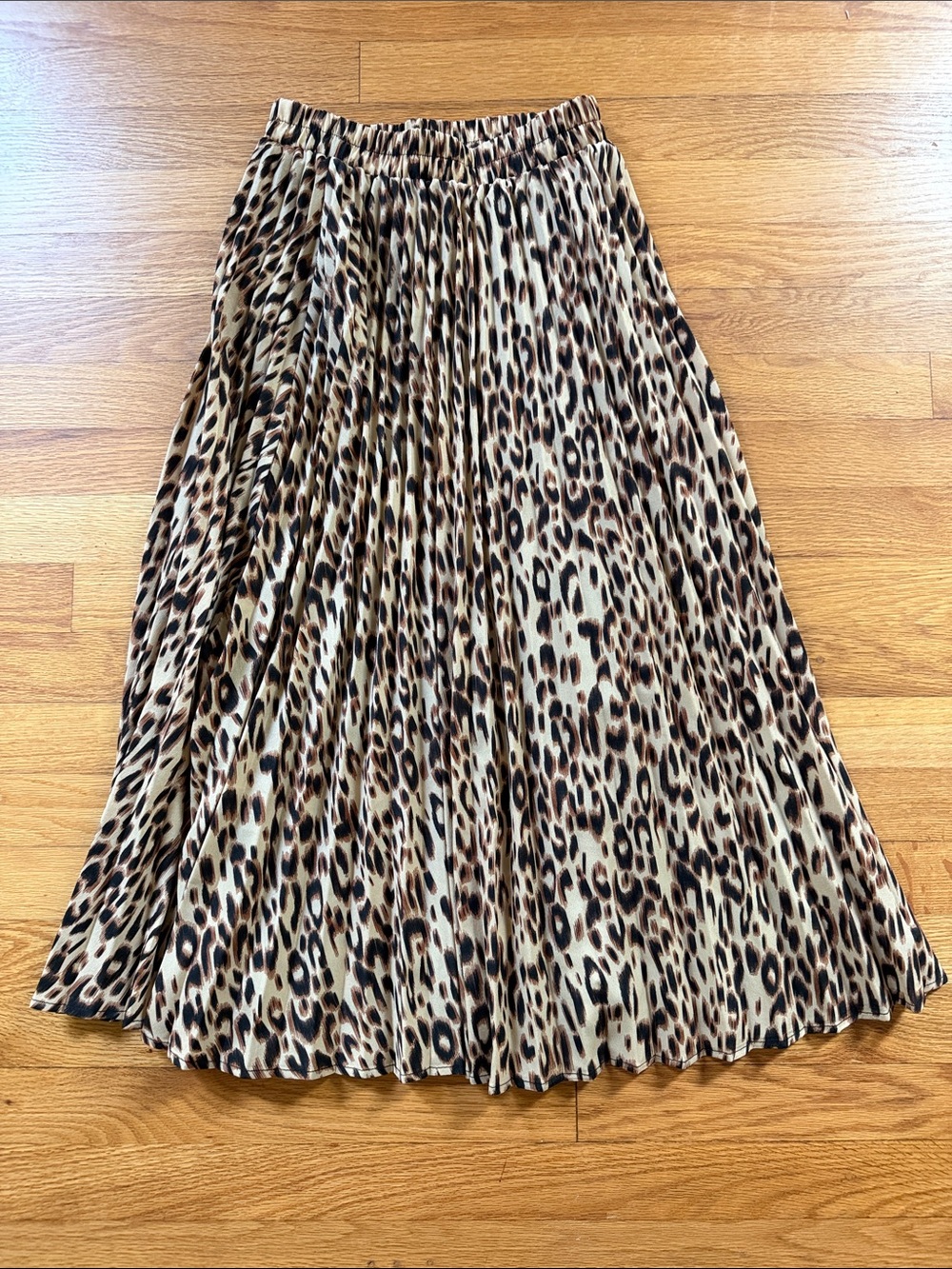 Animal Print Pleated Maxi Midi Skirt Elastic Waistband Lined Neutral XS